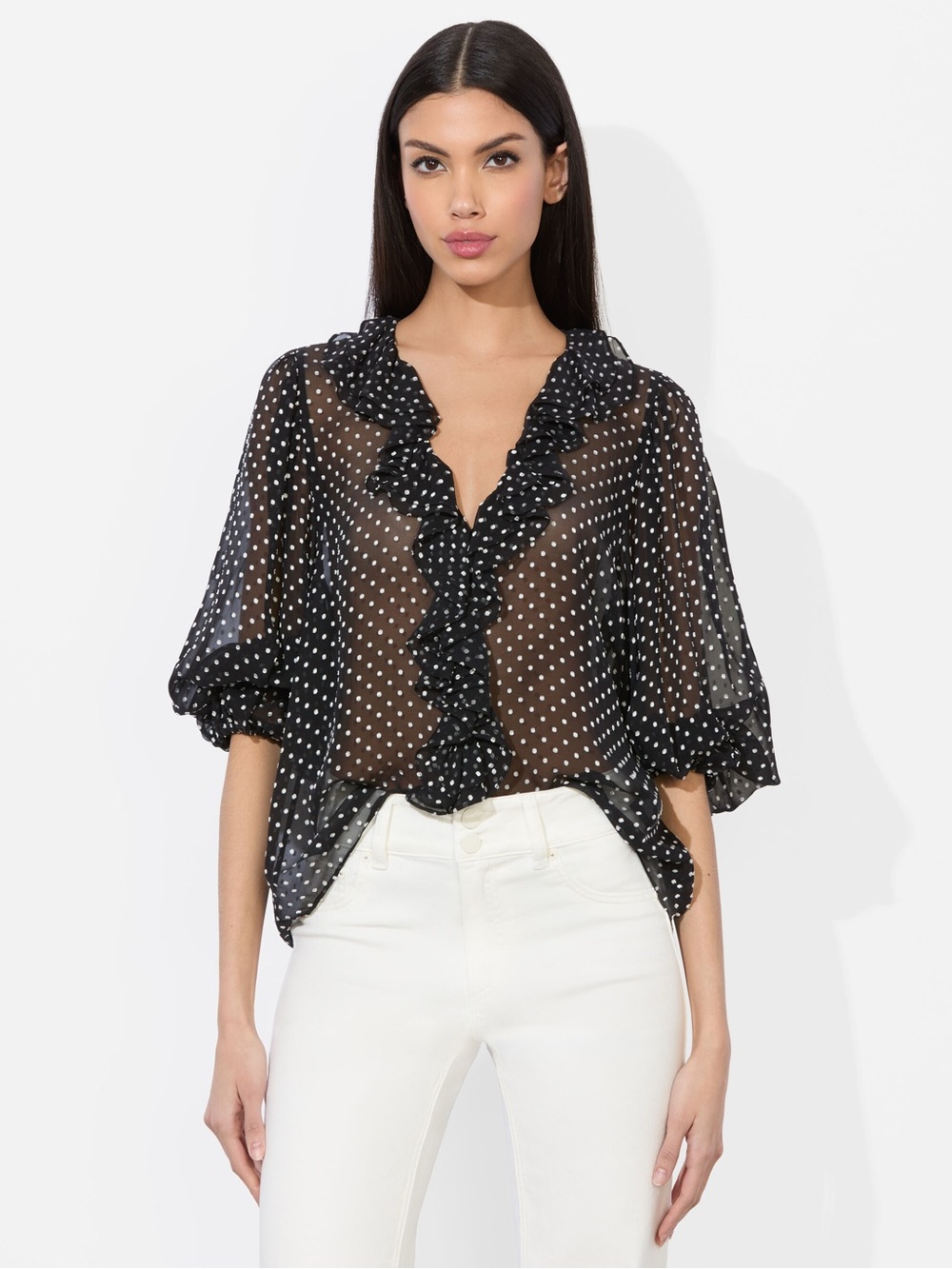 NWT $465 Alice Olivia Betsie Clip Dot Ruffle Sheer Silk Blend Top